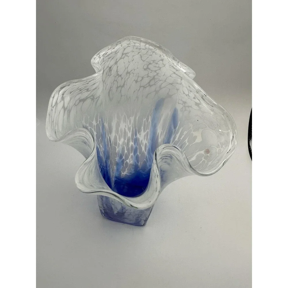 Hand Blown Art Glass Vase Blue White Spatter Ruffled Rim Studio Glass - Picture 2 of 10